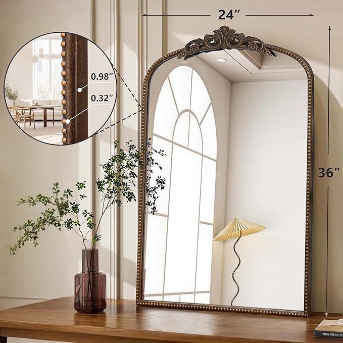 Micasso Traditional Ornate Bronze Mirror: 36" x 24" French Baroque Antique Mirror - Decorative Vintage Arched Mirrors for Wall/Bathroom/Entryway/Hallway - Home Decor for Living Room