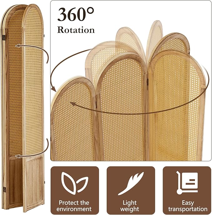 4 Panel Rattan Room Divier, Room Divider Panel and Folding Privacy Screens, Room Divider Wall, Solid Wood Frame, Partition Room Dividers, Bedroom, Dining Room, Lounge, Light Brown