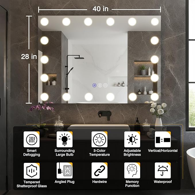 40x28 Hollywood LED Bathroom Vanity Mirror with Dimmable Bulbs, 3 Lighting Modes, Fogless Mirror, Shatter-Proof, Corrosion Proof, Smart Mirror, Memory, Wall Mountable, Horizontal/Vertical