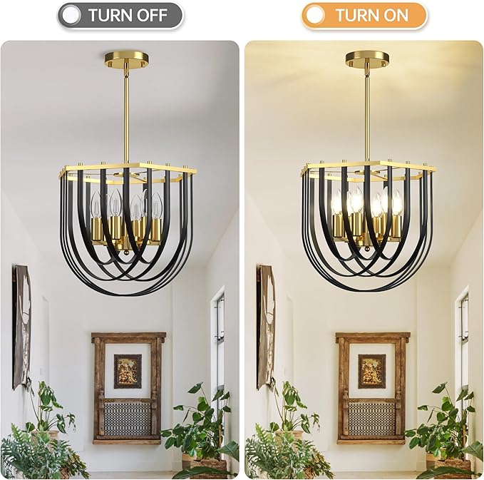 6-Light Modern Farmhouse Chandelier, Black and Gold Dining Room Light Fixture, Hanging Pendant Lights Kitchen Island, Foyer Lighting Fixtures with Metal Frame, for Living Room, Bedroom, Entryway