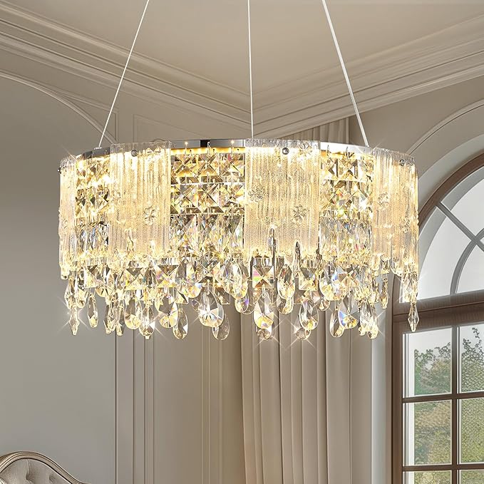 Modern Crystal Chandelier with Glass Panels, Dimmable LED Ceiling Light with Remote Control,Modern 20'' Round Chandeliers Lights Fixtures for Living Room, Dining Room, Bedroom