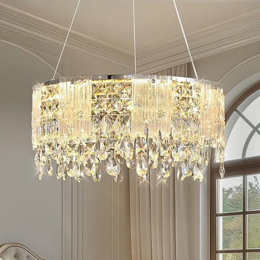 Modern Crystal Chandelier with Glass Panels, Dimmable LED Ceiling Light with Remote Control,Modern 20'' Round Chandeliers Lights Fixtures for Living Room, Dining Room, Bedroom