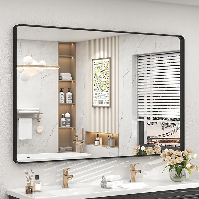 55x40 Inch Black Metal Framed Bathrrom Mirror for Wall, Black Matte Rounded Rectangle Bathroom Vanity Mirror, Anti-Rust, Tempered Glass, Hangs Horizontally or Vertically