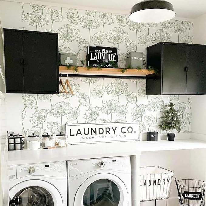 Orainege Floral Peel and Stick Wallpaper Boho Contact Paper Green and White Wallpaper 17.3inx118.1in Self Adhesive Removable Decorative Wall Paper for Bedroom Bathroom Cabinets Decor Vinyl