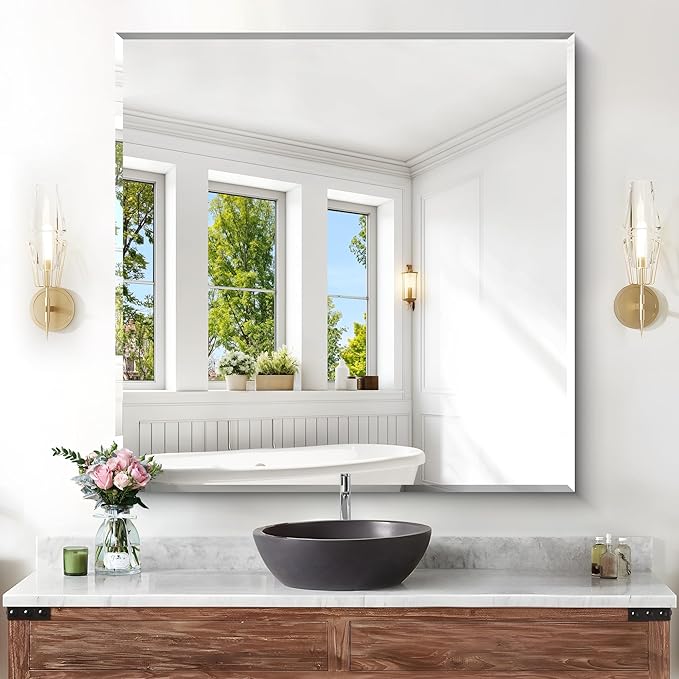 KOCUUY Beveled Mirror, 36x36 Inch Large Frameless Square Bathroom Mirror for Over Sink, Upgraded Shatterproof Beveled Unframed Design Mirror for Bathroom, Bedroom, Hang Horizontal/Vertical