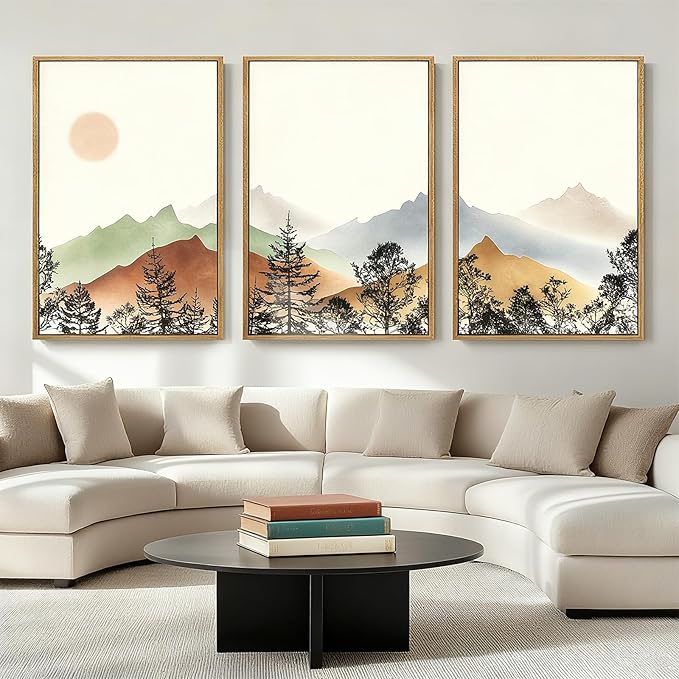 BINCUE Large Boho Mountain Wall Art Framed Wall Decor Watercolor Landscape Art Print Set of 3 for Living Room Bedroom Office 36x24 Inches