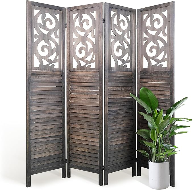 2 PCS Room Dividers 4 Panel Room Divider 5.6FT Wood Carved Room Dividers, Folding Privacy Screens Portable Freestanding Partition Wall Dividers for Bedroom, Office, Rustic Brown