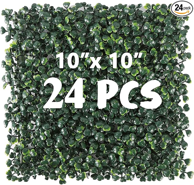 24PCS 10"x 10" Artificial Boxwood Wall Panels, UV-Anti Grass Wall Hedge Plant Panels for Indoor Outdoor Green Wall Decor Ivy Fence Covering Privacy