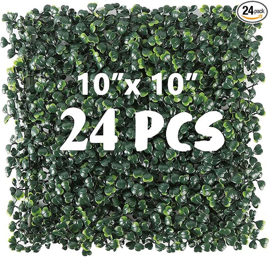 24PCS 10"x 10" Artificial Boxwood Wall Panels, UV-Anti Grass Wall Hedge Plant Panels for Indoor Outdoor Green Wall Decor Ivy Fence Covering Privacy