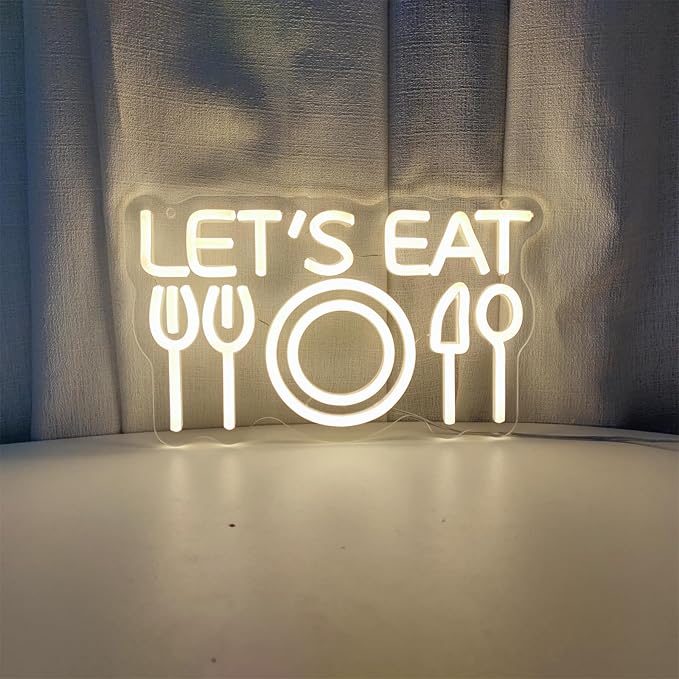 Let's Eat Neon Sign Lets Eat Neon Signs for Wall Decor, Food Led Light Sign for Lunch Club Hotel Canteen Cooking Restaurant Small Bate Party, 6.9" x 11.8"