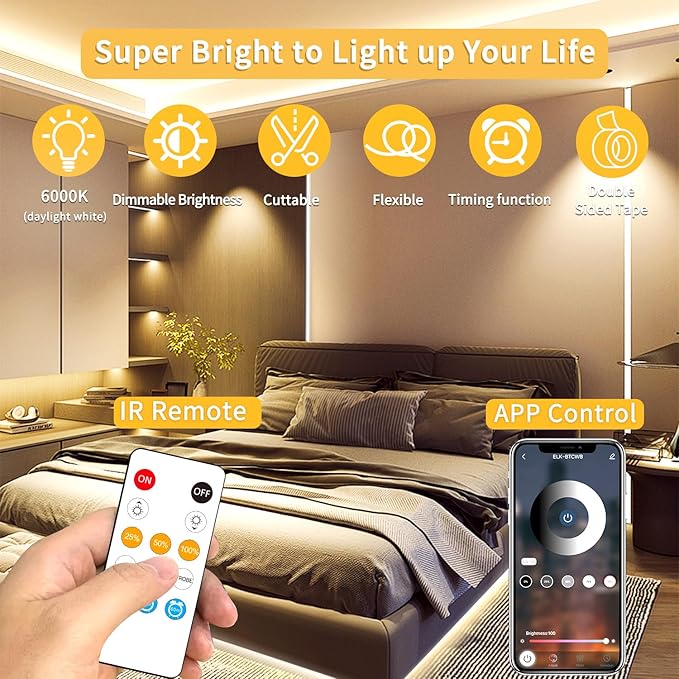 16.4ft COB LED Light Strip 3000K Warm White Dimmable DC 24V Flexible LED Tape Light for Bedroom, with Remote and app Control LED Strip Lights,for DIY Decoration