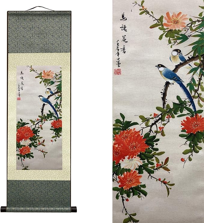 AtfArt Asian Wall Decor Beautiful Silk Scroll Painting Birds and Flowers - Bird Language Flower Fragrant Oriental Decor Chinese Art Wall Scroll Wall Hanging Painting Scroll (36.2 x 12 in)