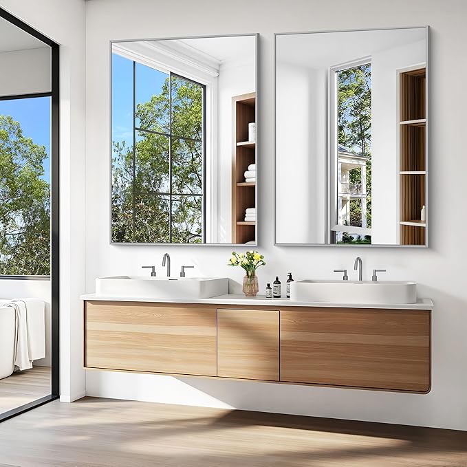 KOCUUY Silver Bathroom Mirror, 48"x36" Large Rectangle Bathroom Mirror for Wall, HD Tempered Glass, Anti-Rust Brushed Silver Frame, Modern Design for Bathroom, Bedroom, Hang Horizontal/Vertical
