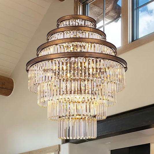 Wellmet Large Crystal Chandelier, Luxury 7-Tier Chandelier, Antique Gold Crystal Pendant Light for Living Room, Dining Room, Porch, Entryway, Hallway, Restaurant, 31''W
