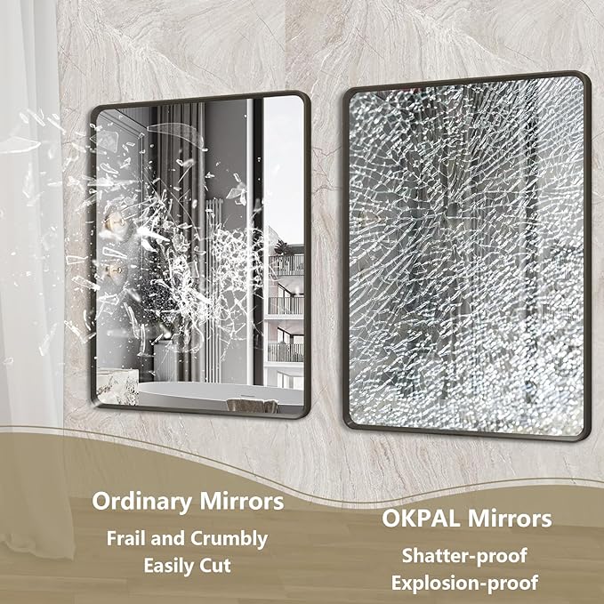 OKPAL 66X40 Inch Black Bathroom Mirror for Wall, Bathroom Vanity Frame Mirror, Matte Black Rectangle Mirror, Round Corner, Rustproof, Shatter-Proof (Horizontal/Vertical)