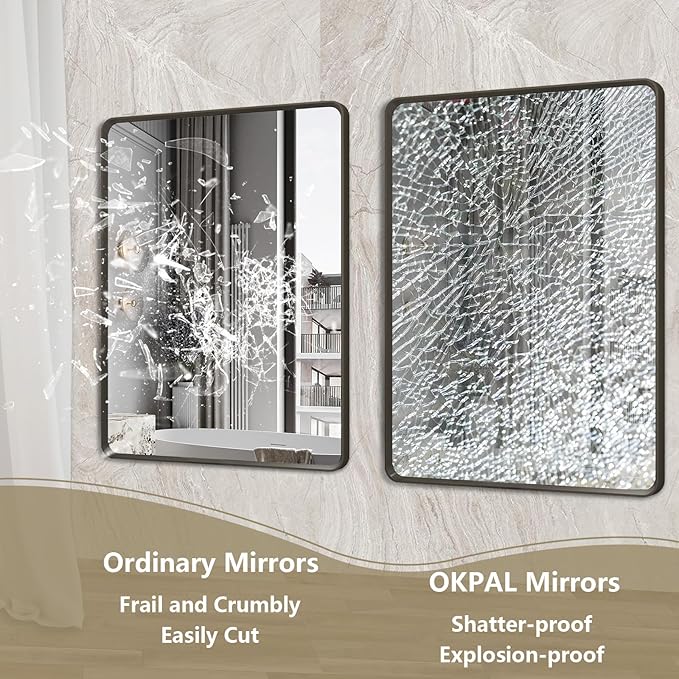 OKPAL 48X40 Inch Matte Black Bathroom Mirror, Black Framed Bathroom Vanity Mirror, Black Rectangle Mirror, Round Corner, Rustproof, Shatter-Proof (Horizontal/Vertical)