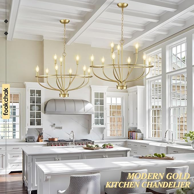 9-Light Gold Light Fixture Vintage Candle Chandelier Lighting Brass Dining Room Chandelier Over Table for Living Room Foyer Kitchen Island Bedroom, 28.54in, E12