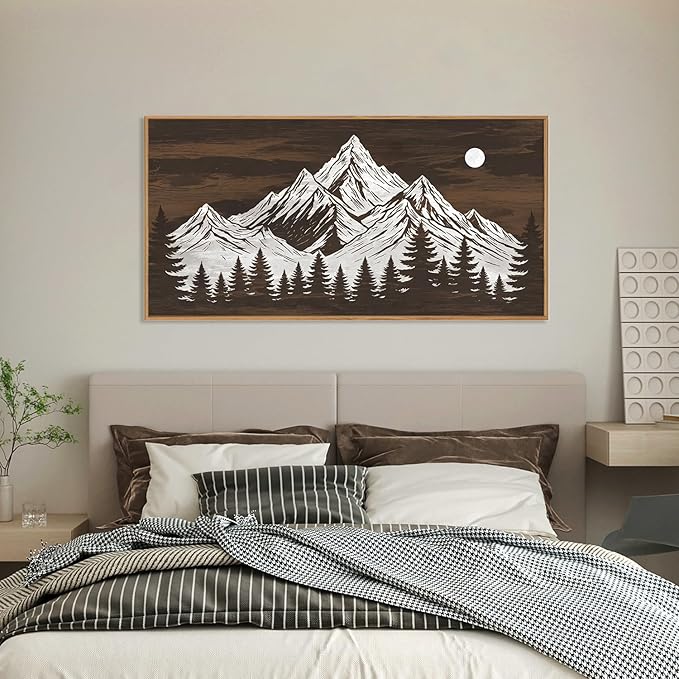 KAIRNE Wooden Mountain Tree Framed Canvas Wall Art Set, Country Wood Forest Wall Decor, Woodcut Pine Tree Wall Painting, Nature Farmhouse Zen Art Prints for Living Room, Bedroom, Office - 20"x40"x3