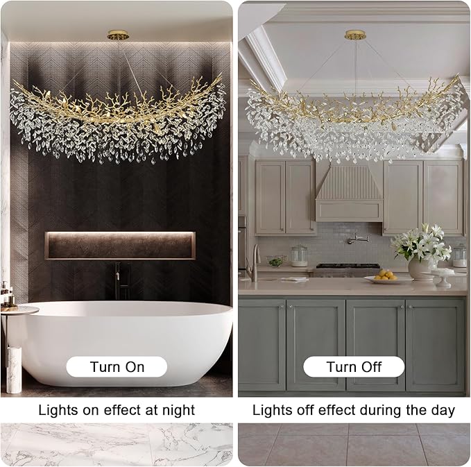 Modern Crystal Chandelier, 63" Large Rectangular Chandeliers for Dining Room, Gold Chandelier Light Fixture Raindrop FoyerChandelier Tree Branch Chandeliers for Living Room