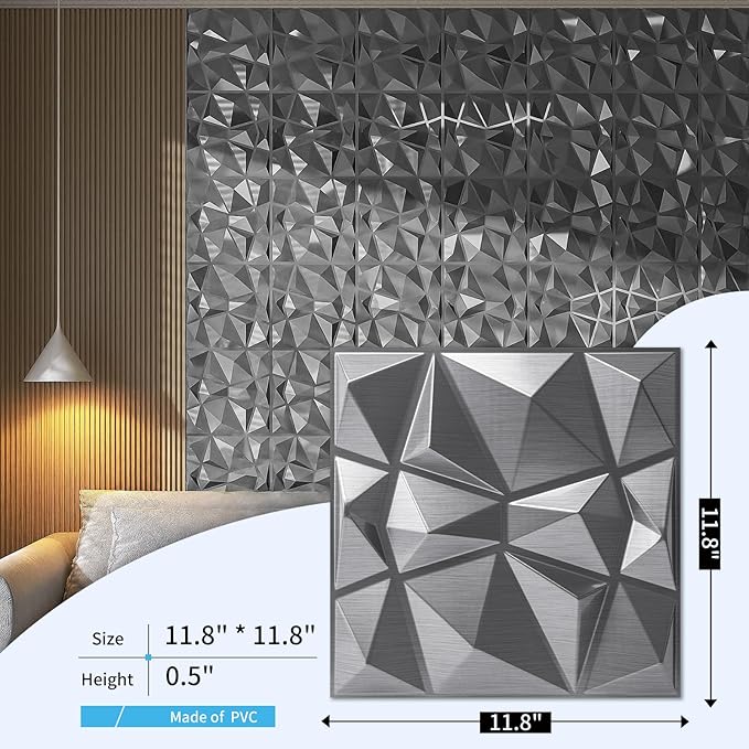 Art3d 3D Diamond Design Paneling for Interior Decor, Living Room, TV Wall Background, Bedroom, Gaming Setup, 11.8" x 11.8", Silver, 33 Pack