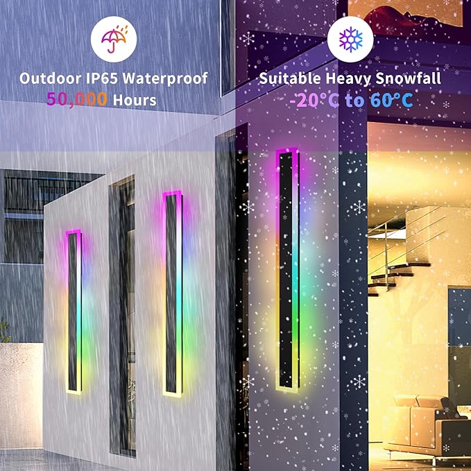 Outdoor RGB Long Wall Lights, 31.5inch 2 Pack RGB/Warm/White Dimmable Modern Led Wall Lighting, Ip65 Waterproof Long Wall Sconce with Remote and APP Control for Outdoor/Indoor