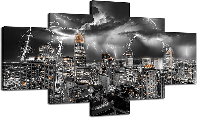 Cawpom Charlotte Wall Decor Charlotte City Skyline Wall Art Black and White Pictures Lightning Storm Canvas Print North Carolina Painting Poster Frame Home Living Room Decoration(60x32 inches)