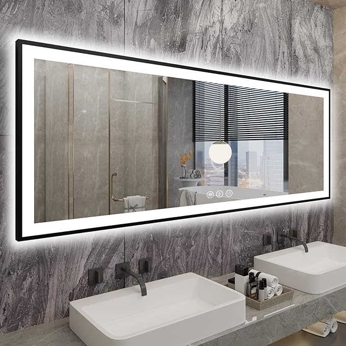 Large LED Bathroom Mirror - Black Aluminum Framed, Anti-Fog, Stepless Dimmable, 3 Colors Smart Mirror (Horizontal/Vertical)