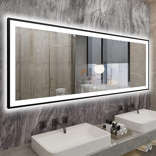 Large LED Bathroom Mirror - Black Aluminum Framed, Anti-Fog, Stepless Dimmable, 3 Colors Smart Mirror (Horizontal/Vertical)