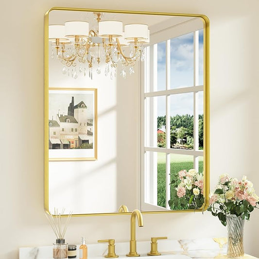 Keonjinn Gold Mirrors for Bathroom Sink, 30 x 36 Inch Rounded Rectangle Brushed Brass Mirror, Metal Framed Rectangular Wall Mirror, HD Tempered Glass Modern Decorative Mirror(Horizontal/Vertical)