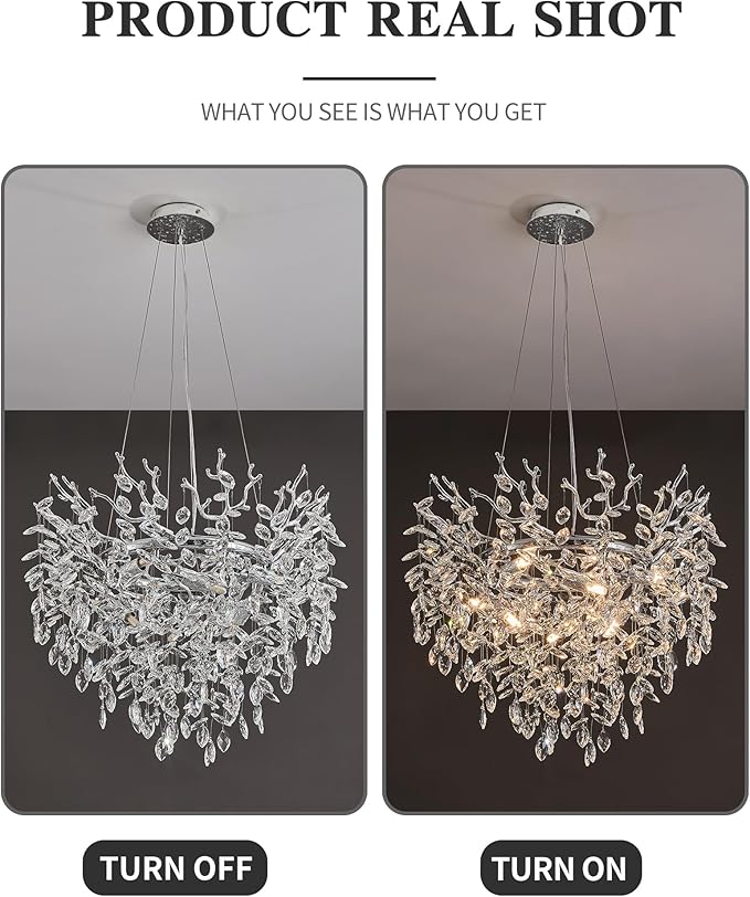 Modern Crystal Chandelier for Dining Room, 23.62" Chrome Tree Branch Chandeliers, 8-Light Luxury K9 Crystal Round Chandeliers for Kitchen Island Living Room