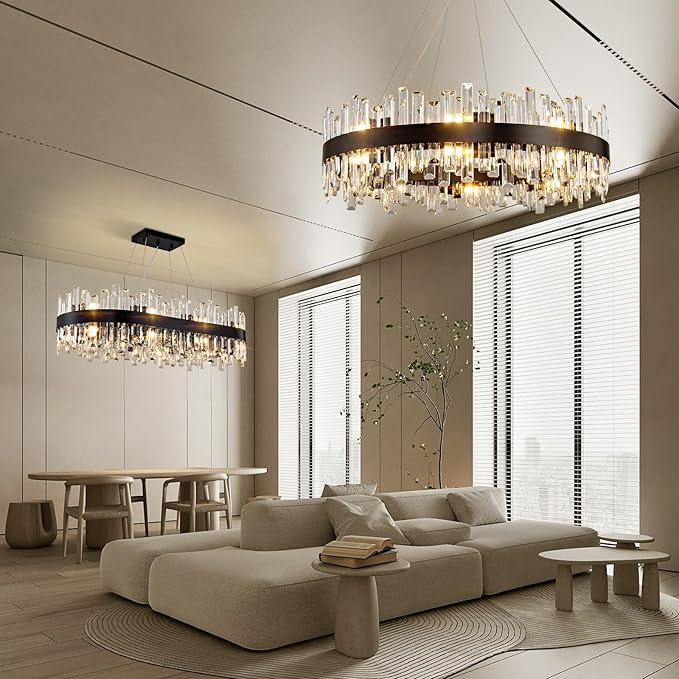 Chandelier for Dining Room, L35.4 Black Rectangle Crystal Chandelier Over Table, Modern 16-Light Large Crystal Chandeliers Ceiling Light, Pendant Light Fixture for Kitchen Island Living Room