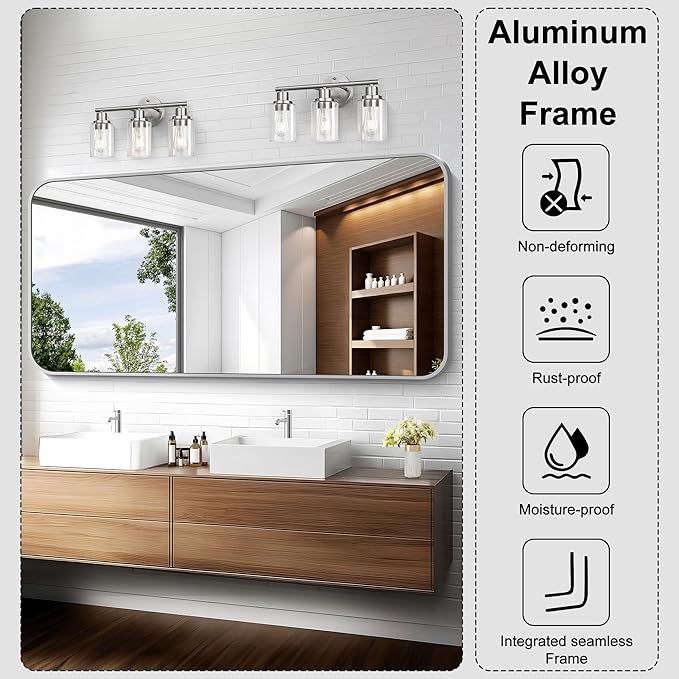 KOCUUY Silver Bathroom Mirror, 60x30 Inch Large Bathroom Mirror for Over Sink, HD Tempered Glass, Anti-Rust Brushed Silver Frame, Rounded Corner Modern Design for Bathroom, Hang Horizontal/Vertical