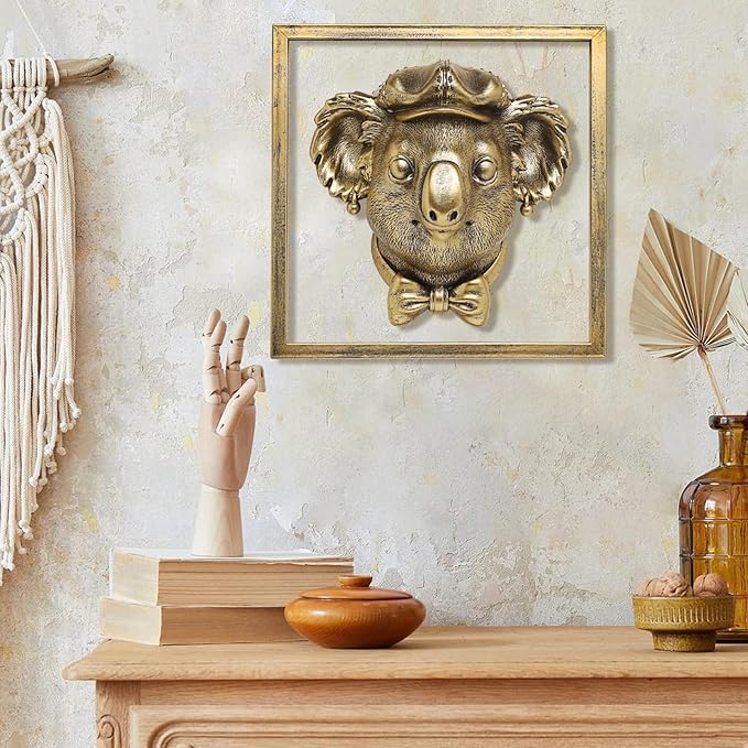 Animal Heads Wall Decor (Includes Metal Frame) Resin Animals Sculptures Head Wall Hanging Decoration Gold vintage Wall Sculpture for Living Room Bedroom Office(Koala)