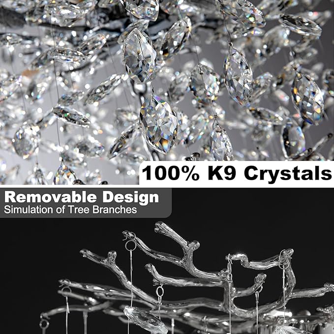 47" Silver Crystal Chandelier, 18-Light Modern Tree Branch Chandelier, Luxury Round K9 Crystal Raindrop Chandeliers for Dining Room, Living Room, Foyer, Entryway, Bedroom, Contemporary Light Fixture