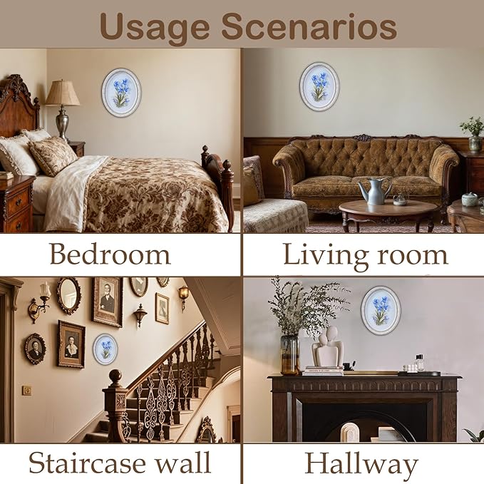 Kangce Vintage Wall Sculptures,Antique Wall Art with Hand-Carved Iris Pattern, Victorian Home Decor,for Living Room, Bedroom,Hallway Gallery,Oval,Blue