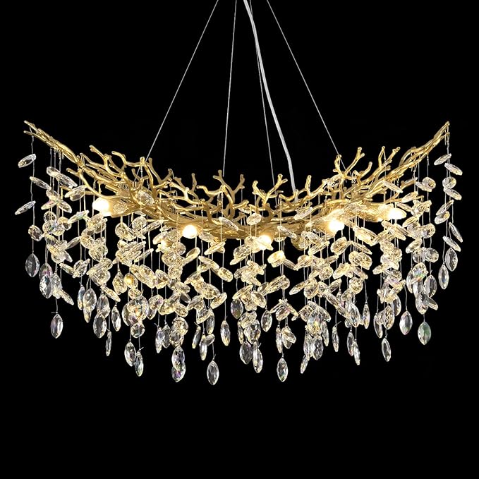 L36inch Crystal Rectangle Chandelier for Dining Room, Gold Tree Branch Chandeliers Over Table, Top K9 Crystal Modern Chandeliers for Kitchen Island,Dining Table,Luxury Rectangular Chandelier