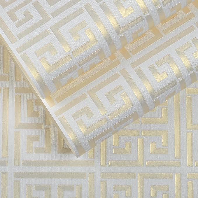 17.7"x236.0"Greek Key Peel and Stick Wallpaper Modern Classic Geometric Trellis Self Adhesive Wallpaper Silver/White Textured Vinyl Contact Paper Washable