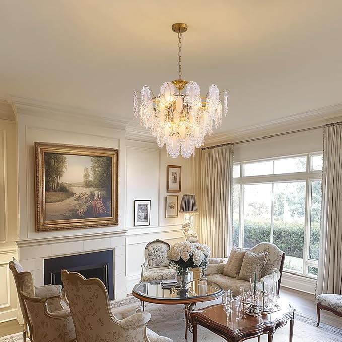 7PM Modern Gold Glass Chandelier, 5-Layer Antique Crystal Chandeliers 12 Light Round Pendant Ceiling Fixture 59" Hanging Adjustable Chain for Foyer, Living Room, Bedroom, Dining Room 27.5 inch