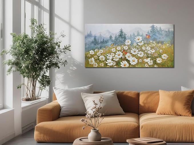 Arjun Flower Wall Art Daisy Painting Textured Paintings, Canvas Art Wall Decor, Large Wall Art for Bedroom, Daisy Art Large Paintings for Living Room Home Office Dining Room 40"x20"