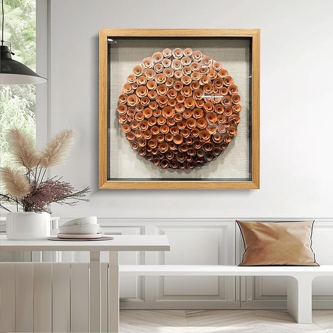 BrightA Natural Wood Paper Cylinder Wall Art Brown Gradient Color Circular Design with Earthy Tones Framed Artwork Modern Minimalist Home Decor for Living Room 23.6"x23.6"
