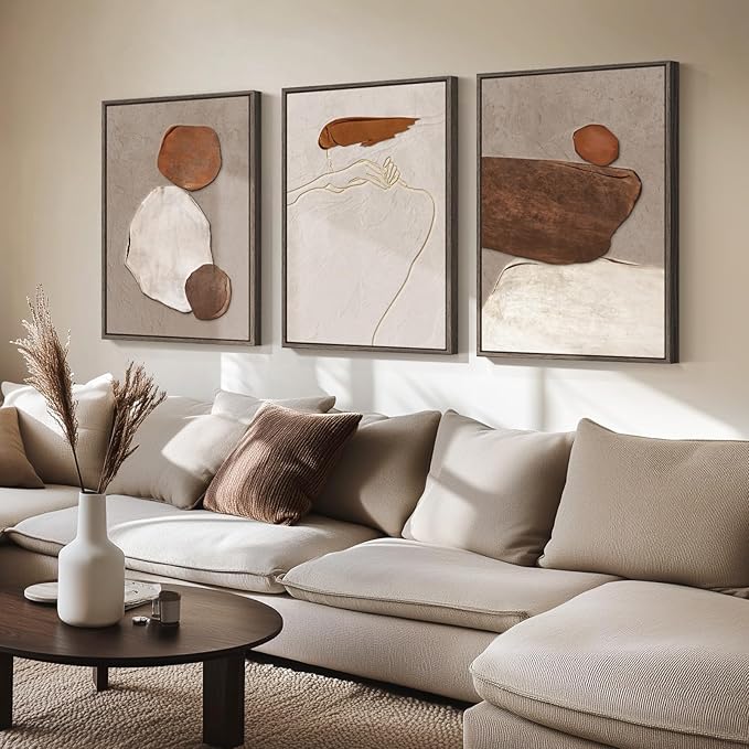 Large Framed Neutral Abstract Wall Art for Living Room, Set of 3 Rustic Beige Brown Canvas Prints Paintings Artwork for Walls, Minimalist Stone Pictures for Hallway Stair Office Wall Decor 24x36 Inch