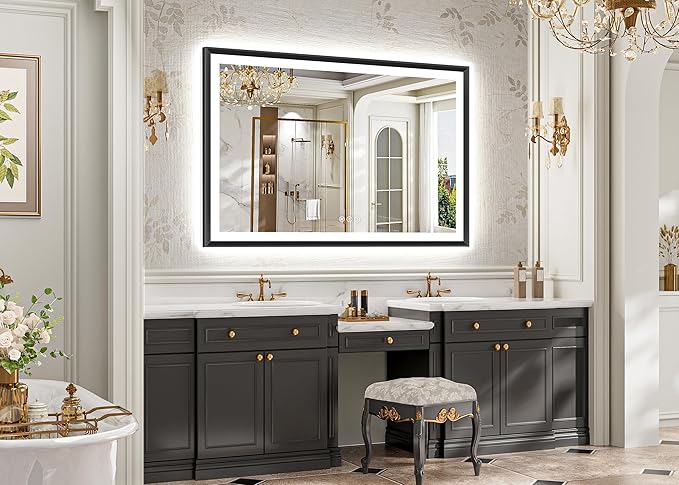 55x36 Black Framed Led Bathroom Mirror with Lights, Front Lit and Backlit, Lighted Vanity Mirror for Bathroom Wall, Anti-Fog, Dimmable, 3 Colors, Memory, HD Tempered Glass