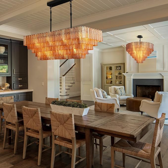 Large Chandelier for Dining Room, 59" 11-Light Amber Rectangular Chandelier for High Ceilings, Modern Balck Kitchen Island Hanging Light Fixture for Living Room, Dining Room, Kitchen Island, Foyer