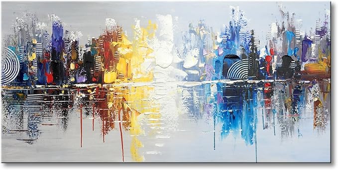 Large Hand Painted Abstract Reflection Cityscape Canvas Wall Art Modern Oil Painting Contemporary Decor Artwork (60 x 30 inch)