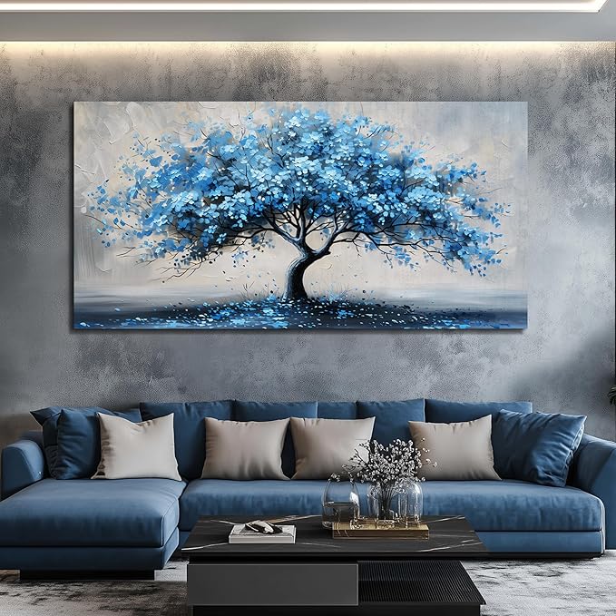 KELIYUAN Wall Art For Living Room Large Wall Decor For Office Bedroom Wall Decorations Abstract Canvas Painting Blue Tree Pictures Artwork Ready To Hang Guesthouse Room Mural Home Decor 24x48 In