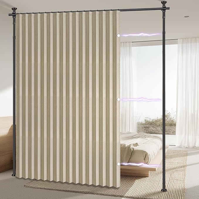 AJAZZ Room Divider Curtain (Beige, W100 x L96 in, 1 Panel)+ Curtain Rods No Drilling Adjustable Tension (H) 43-120×(W) 35-100 in, Heavy Duty Wall Divider for Apartment/Dorm