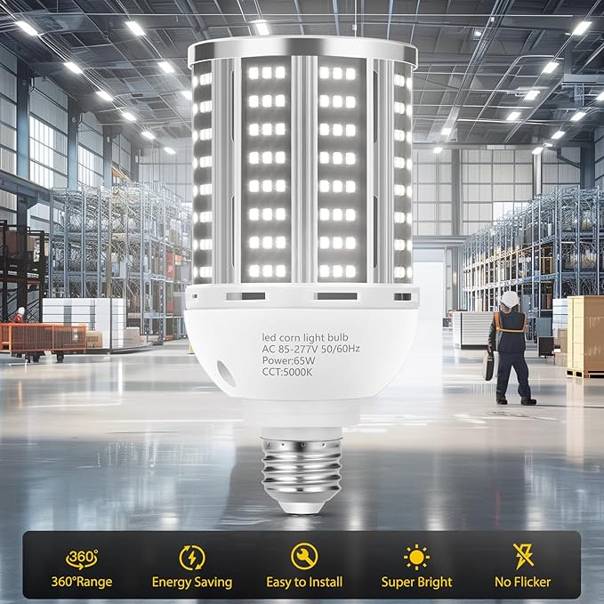 65W LED Corn Light Bulb 2 pack(650W Equivalent ) ,E26/E39 Commercial Grade 7800LM Medium Daylight 5000K Mogul Base LED Lamp,Large Area Lights For Outdoor Indoor Garage Warehouse Factory Bay Light