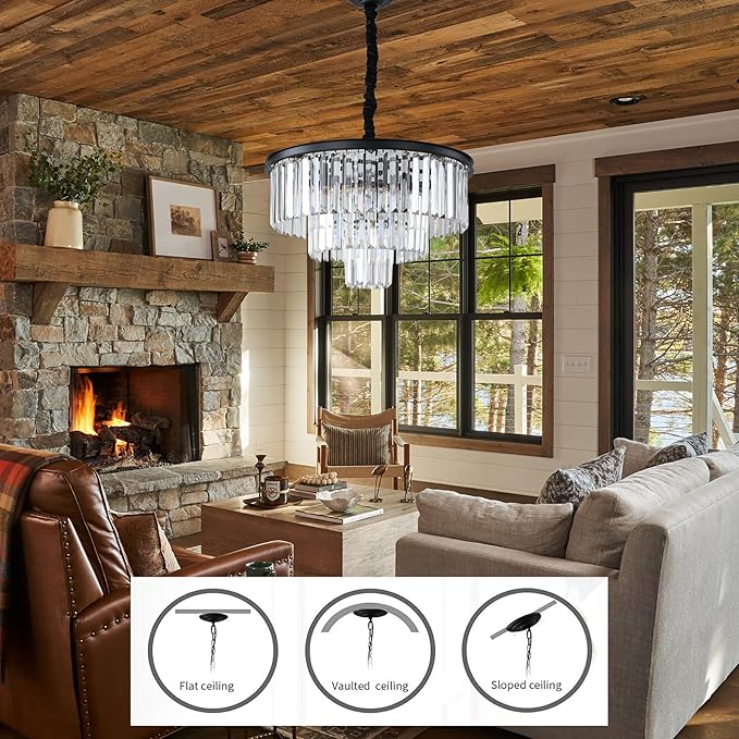 Black Modern Crystal Chandelier Lighting K9 Crystal Round Chandelier Hanging Ceiling Light Fixture 3-Tier Contemporary Crystal Pendant Light for Dining Room Living Room Bedroom 21.68inch