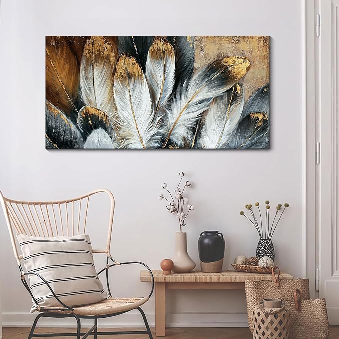 Mofutinpo Feather Wall Art Modern Living Room Bedroom Wall Decoration Large Giclee Print Canvas Painting Artwork for Home Decor One Piece White Gold Brown Feather Picture Ready to Hang 24x48 Size