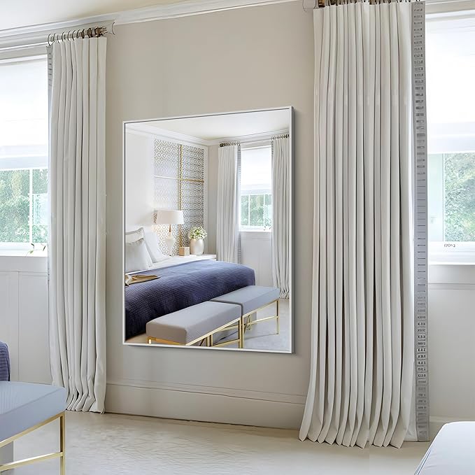 KOCUUY Silver Bathroom Mirror, 48"x36" Large Rectangle Bathroom Mirror for Wall, HD Tempered Glass, Anti-Rust Brushed Silver Frame, Modern Design for Bathroom, Bedroom, Hang Horizontal/Vertical